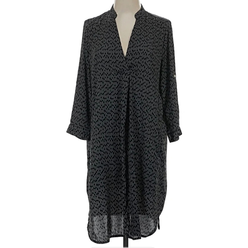Mango Basics Womens Black White Dash Print V-Neck Shift Tunic Dress Size XS